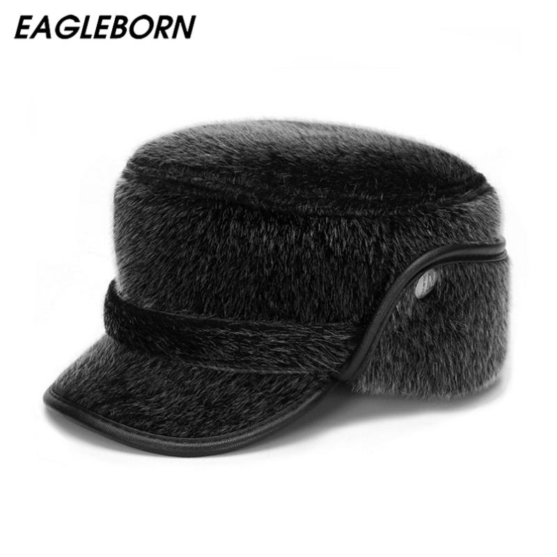 

2020 Thicken Men Flat Cap Men's Fur Hat with Earflaps Man High Quality Winter Warm Hat Daddy Gift, Black