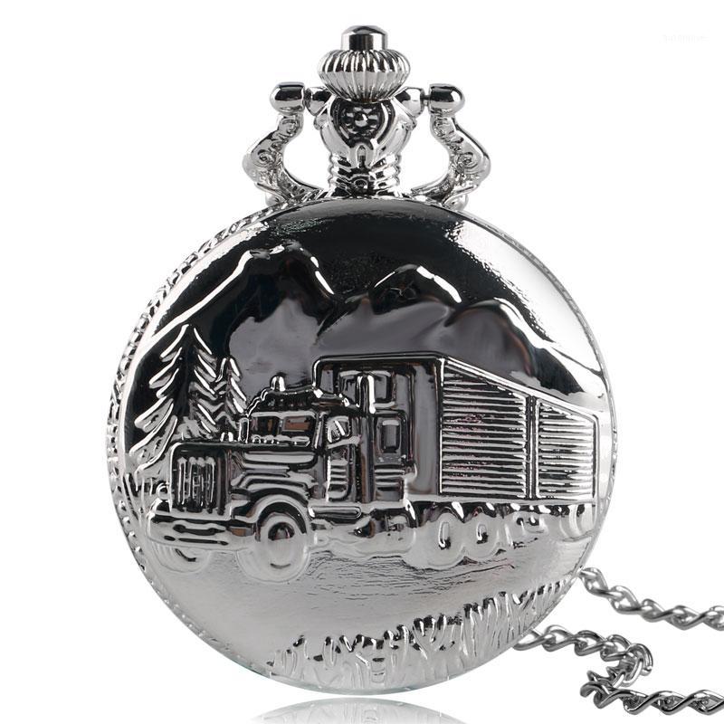 

Solid Silver Lorry Carving Pocket Watch Simple Truck Car Pattern Slim Necklace Cool Boys Teens Clock Special Family Drivers Gift1 Watches, As pic