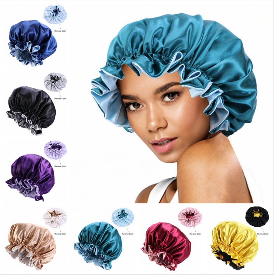 

Silk Night Cap Bonnet Double Side Headwear Women Head Cover Sleep Nightcap Satin Bonnet Beautiful Hair Hairdressing Bath Hats LJJP733, 7styles;pls remark