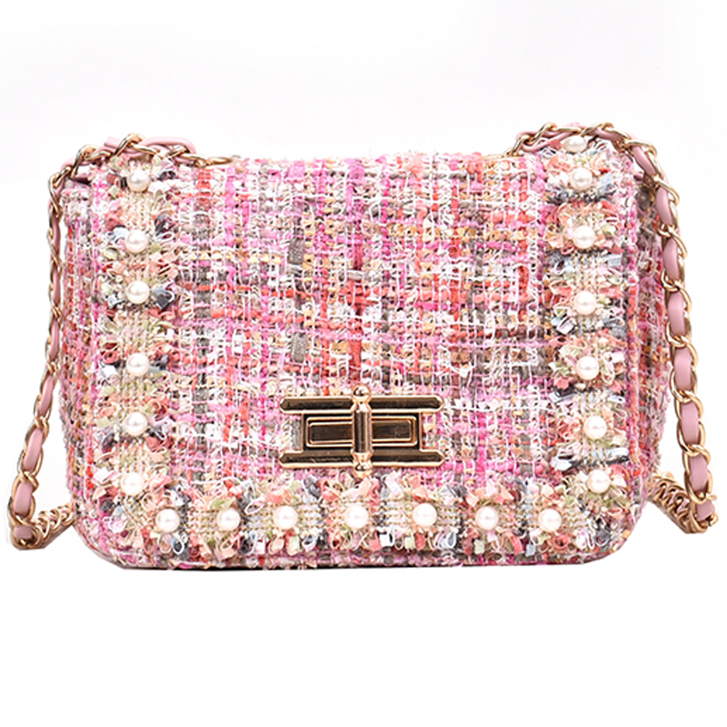 

Designer- Square bag Summer New High Quality Wool Pearl Women's Handbag Lock Chain Shoulder Messenger Bag, Blue