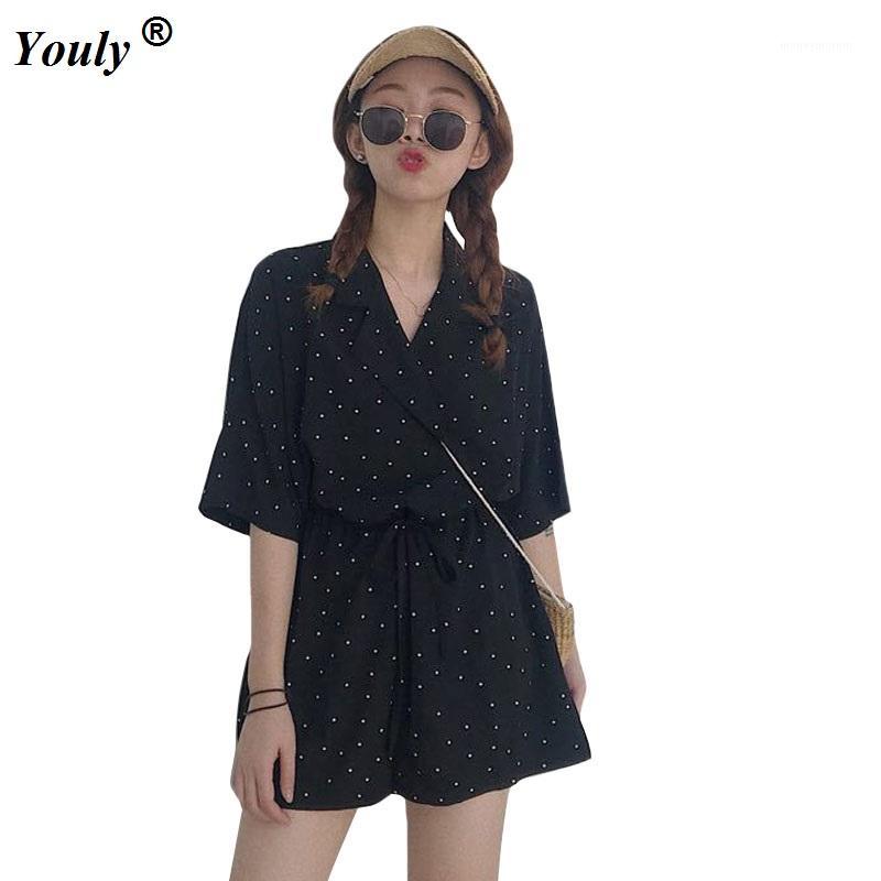 

Women Polka Dots Jumpsuit 2020 Summer Casual Playsuits V Neck Single-breasted Overalls Elegant Turndown collar Short Jumpsuit1, Black