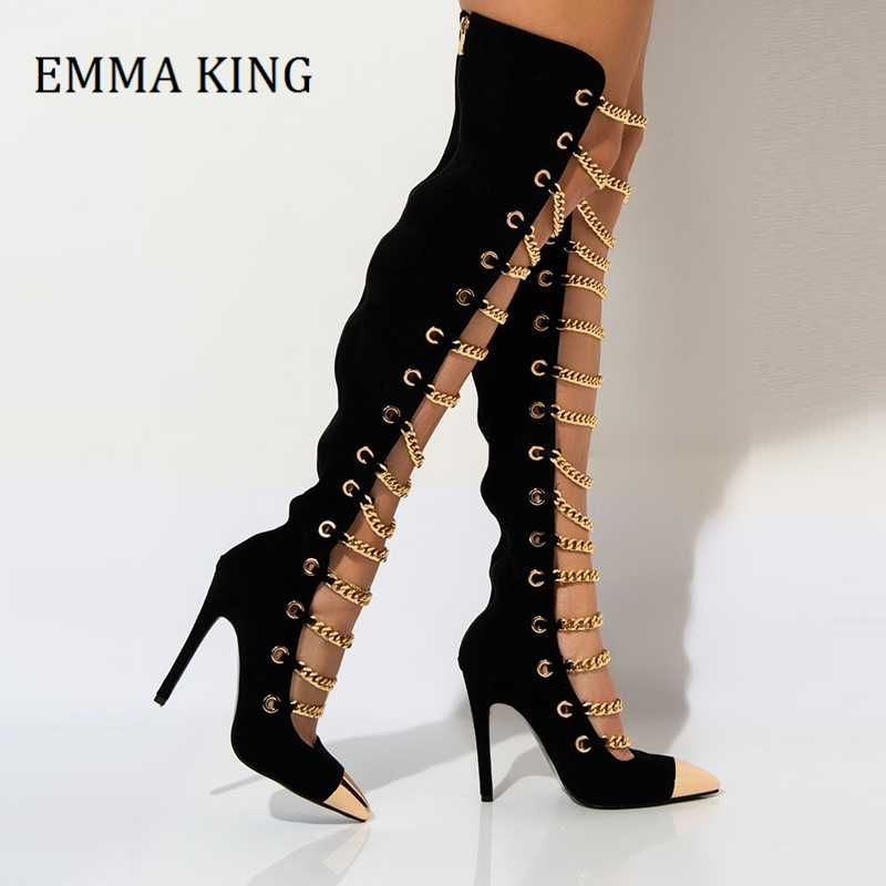 

Women Golden Chain Gladiator Boots Sandals Women Faux Suede Metal Hollow out High-heeled Boots Ladies Sexy Over Knee High, Short