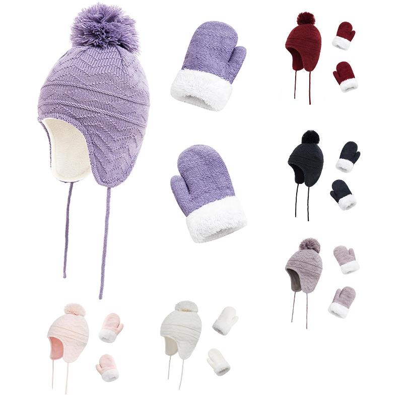 

Winter Ear Muff Thick Mitten Children's Cap Gloves Hat Glove Hats Sets Fashion Kids Warm Knitted Pompom Caps Gloves Beanies