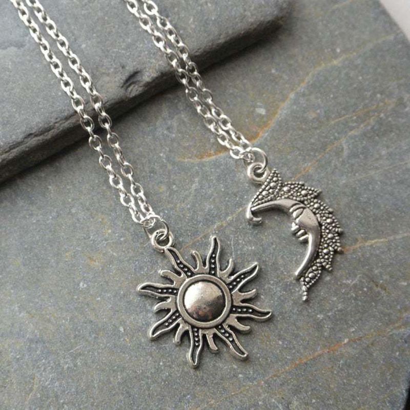 

2Pcs Vintage Lovers Sun and Moon Pendant Necklaces Set Antiqued Jewelry highlight your beauty and temperament