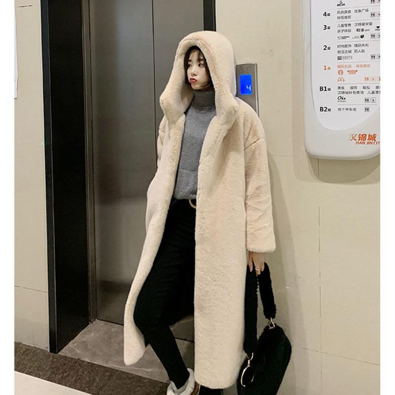 

Women Long Coat 2021 New Faux Coat Winter Thick Warm Faux Fur Jacket Ladies Female Hooded Loose Plush Oversized, Beige