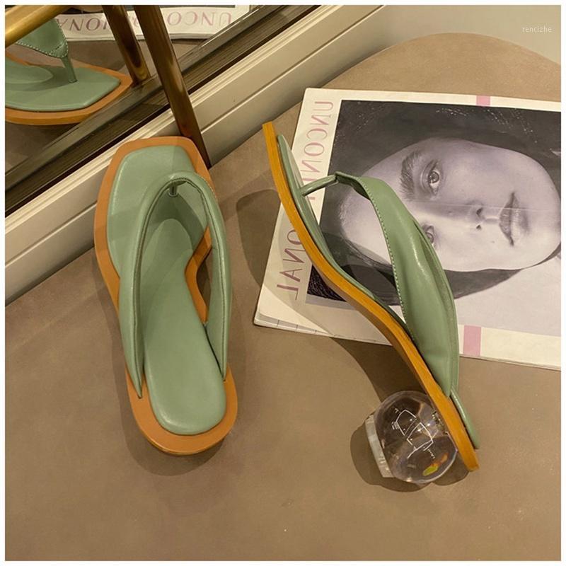 

New Summer Flip Flops Slippers Clear Transparent Round Ball Heel Slippers Summer Outsides Beach Slides Sandal1, Green