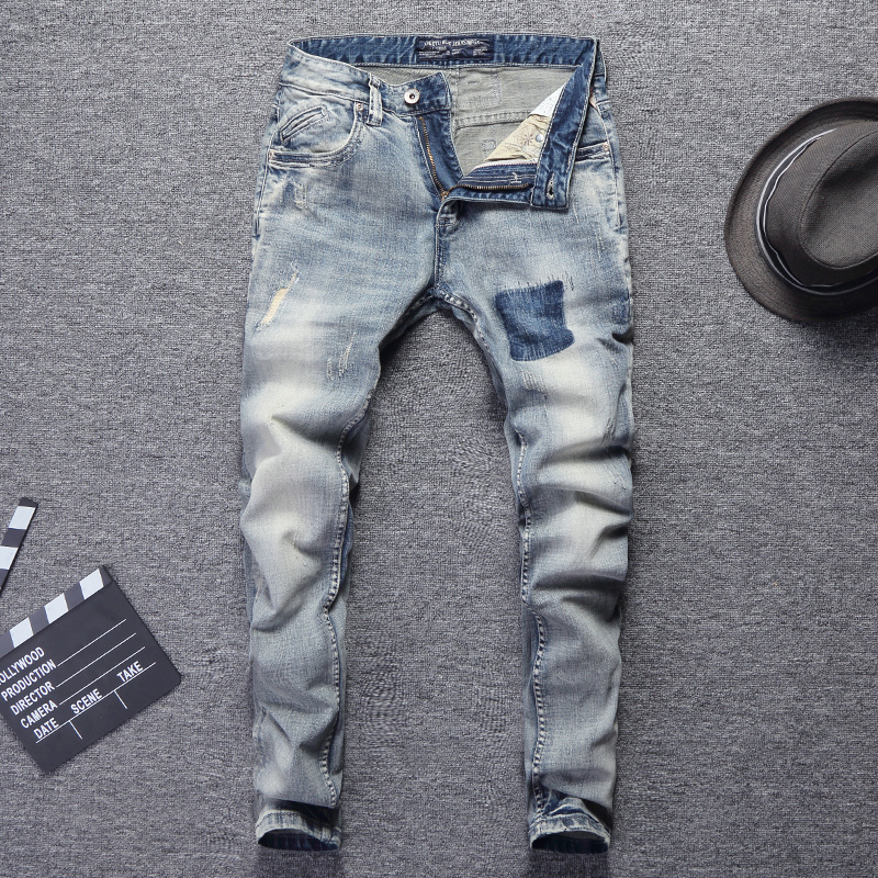 

2021 New Italian Vintage Fashion Newly Sim Fit Designer Men Denim Ripped Pants Streetwear Hip Hop Homme 3vrc, Retro blue