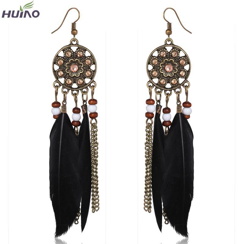 

New Fashion Long Chain Feather Earrings for Women Bohimian Beaded Alloy Dangle Earring Accessories
