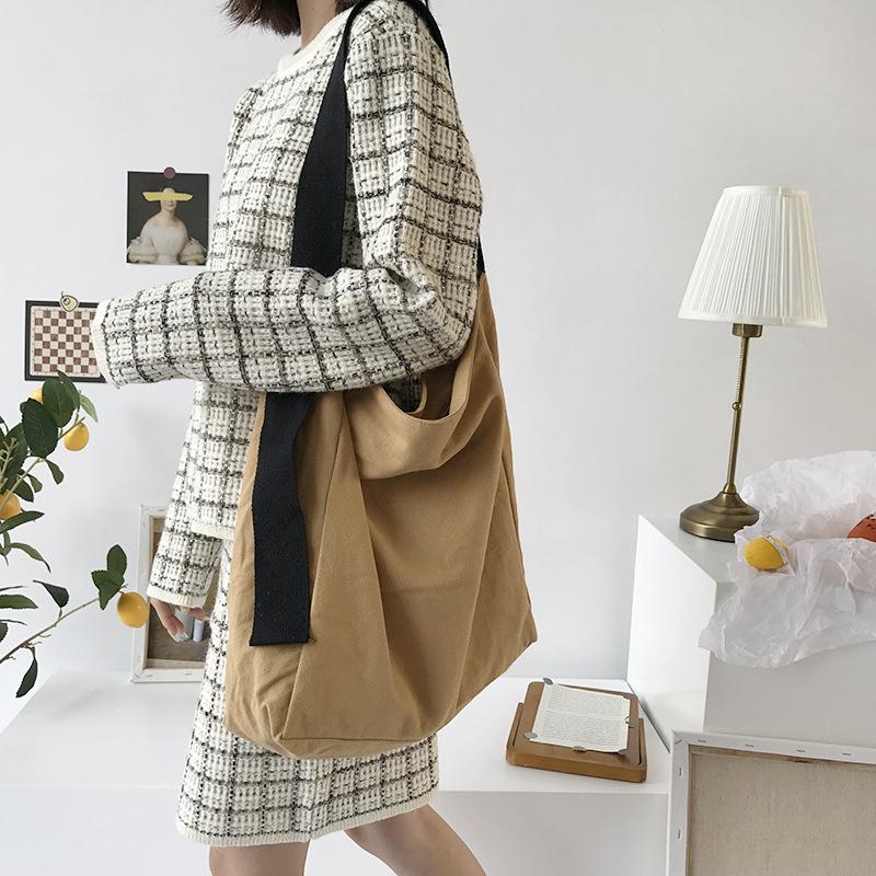 

Women Big Canvas Shopping Bag Reusable Khaki Large Capacity Tote Grocery Bag Eco Environmental Shopper Shoulder Bags For Girls, Khaki black strap