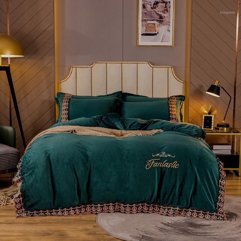 

New Winter Soft Flannel Fleece Velvet Embroidery Bedding Set Double Lace edge Duvet Cover Set Bed Linen Pillowcases Home Textile1