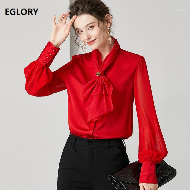 

Women' Blouses & Shirts Bow Tie Elegant 2021 Spring Summer White Pink Red Blouse Woman High Quality Silk Chiffon Female Solid Work Shirts1
