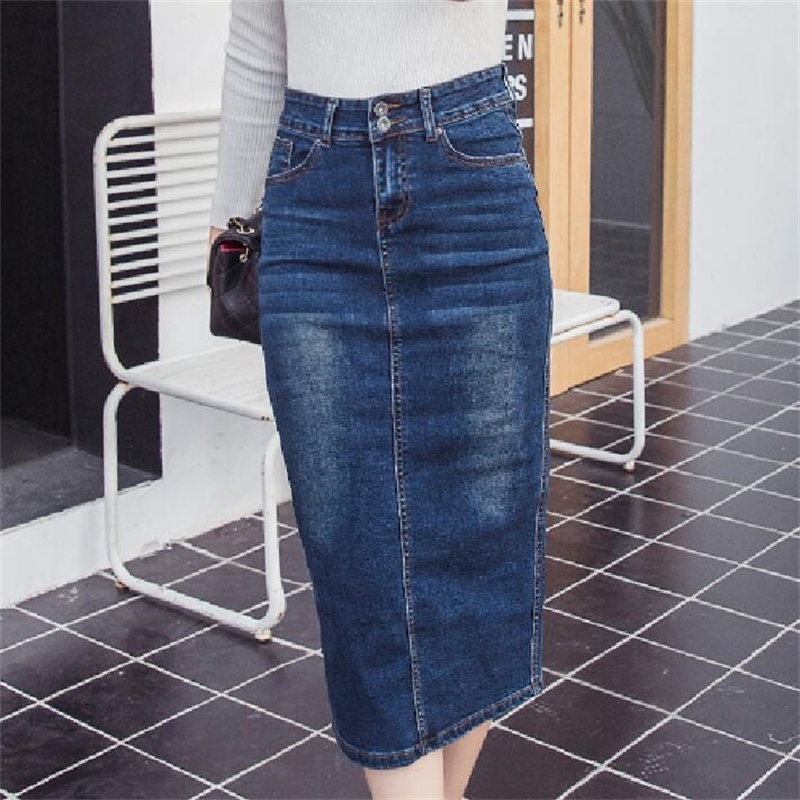 

Women long Jeans skinny Skirts Blue Girls High Waist Casual Denim Pencil skirt Female saia Y200326