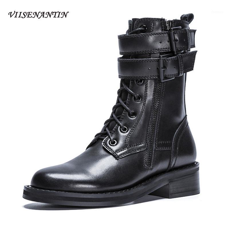

Black Women's Cool Motorcycle Ankle Boots New Leather Round Toe Thick Heel High-top Handsome Belt Buckle Short Trendy Boots1