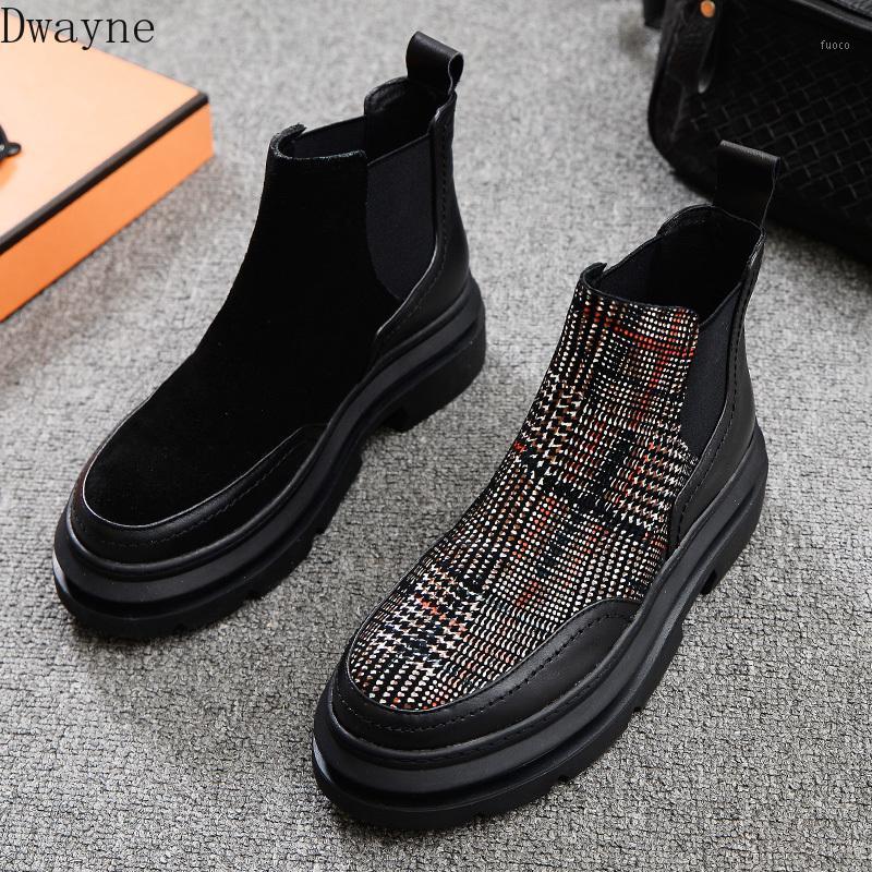 

2020 winter new women's high-heeled round leather flat stitching plaid fashion platform boots short tube1, Plus cashmere1