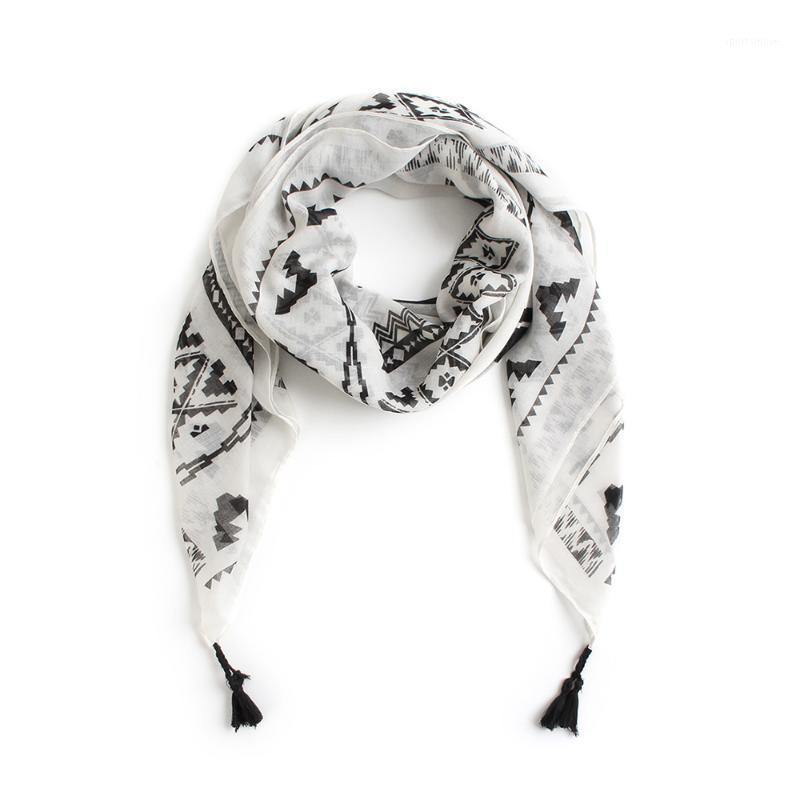 

Black white geometric rhombus print 100% cotton square scarf with tassel hijab bandana lady thin voile scarves women shawl wraps1