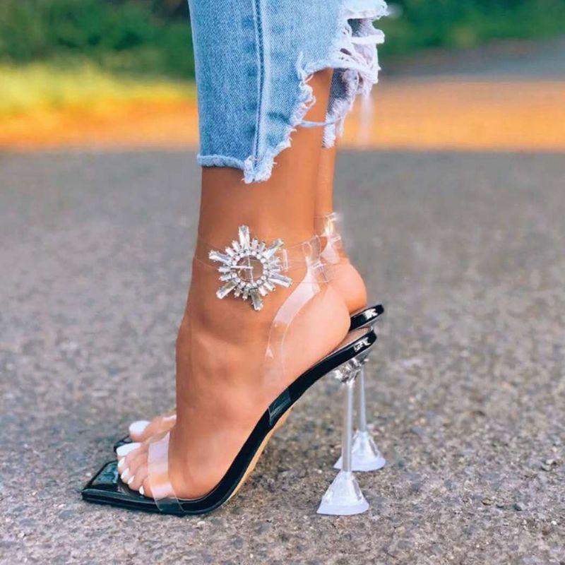 

2020 summer shoes woman sandals Square toed Sun flower Transparent PVC Heels high-heeled ladies party shoes size 42 black Nude, Beige