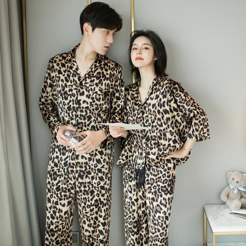 

Couple Sleepwear Satin Silk Sexy Leopard Pajamas for women Top Breathable Female Pyjamas Set Home service plus size Nightwear, Sling top