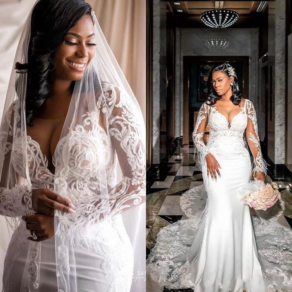 

2021 Long Sleeves Wedding Dresses Mermaid Lace Applique Chapel Train Scoop Neck Illusion Custom Made Garden Wedding Gown vestido de novia, Ivory
