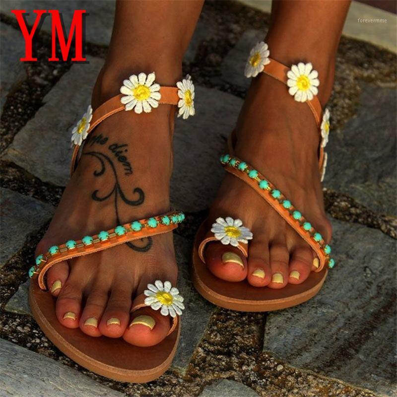 

Summer Bohemian Women Flat Shoes Flower Torridity Gladiator Sandal Boho Sandalias Mujer Colorful Female Beach Flat Plus Size 431, Brown