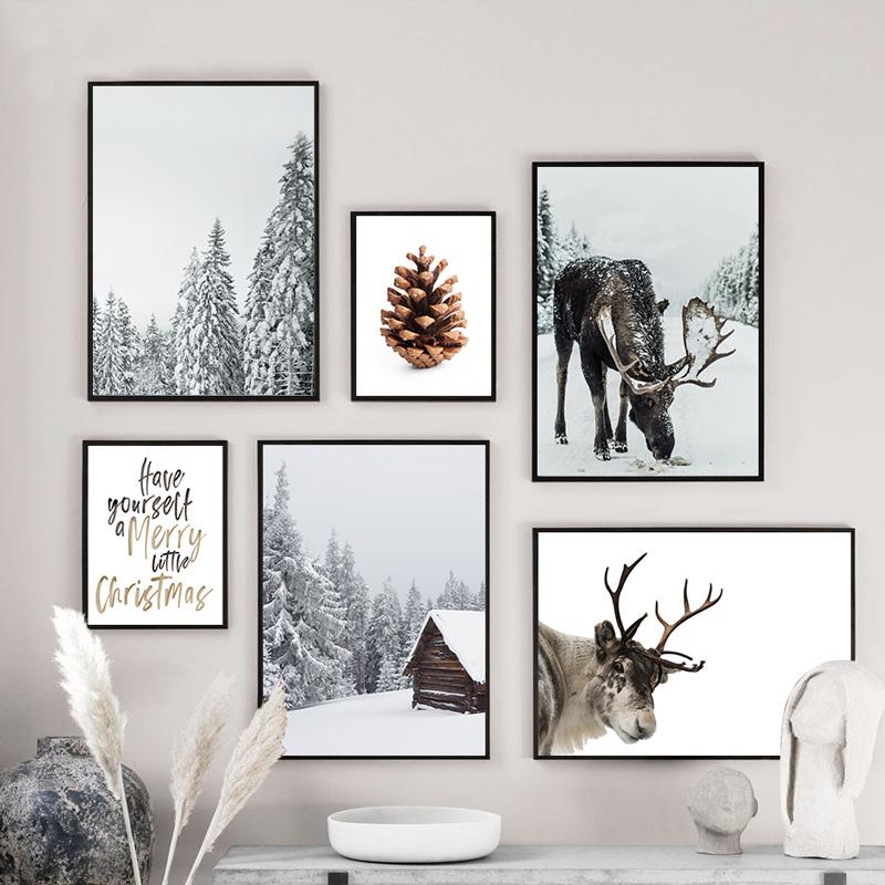

Scandinavian Poster Winter Forest Moose Christmas Pine cone Nordic Style Wall Art Canvas Painting Decoration Picture Living Room