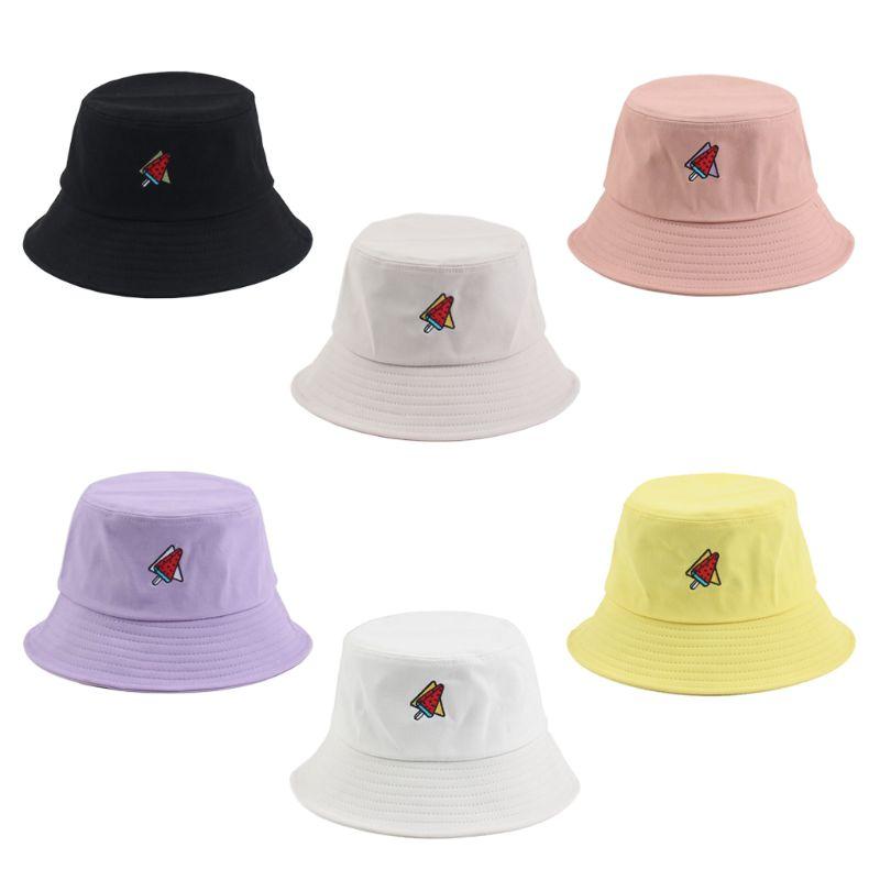 

Harajuku Adult Cotton Bucket Hat Cute Watermelon Embroidery Panama Fisherman Cap 2XPD, Gray