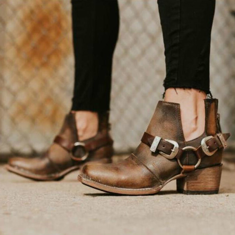 

women ankle boots chaussure mid heels vintage PU leather pumps plus size gladiator booties shoes woman zapatos mujer sapatoD1545, Beige