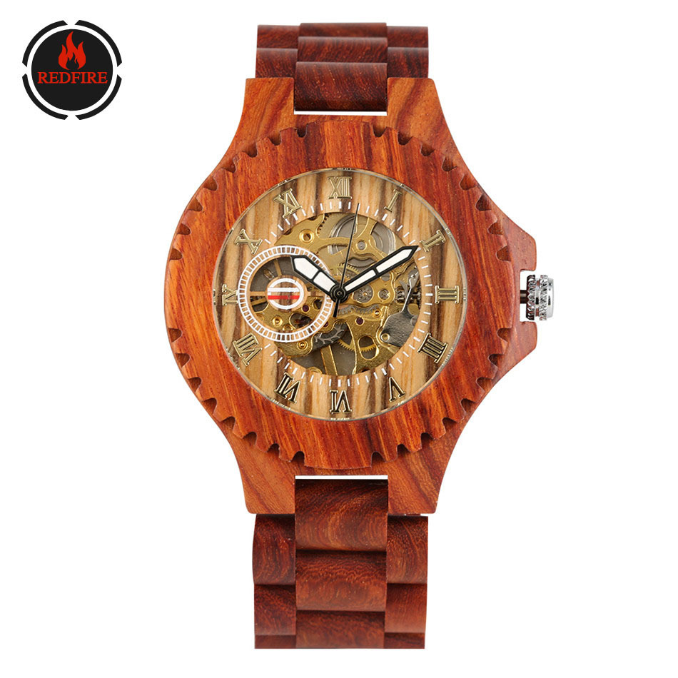 

Redfire Luxury Full Red Wood Mechanical Men Automatic Wooden Wrist Watches New Arrival Mens Clock Folding Clasp, Model 1