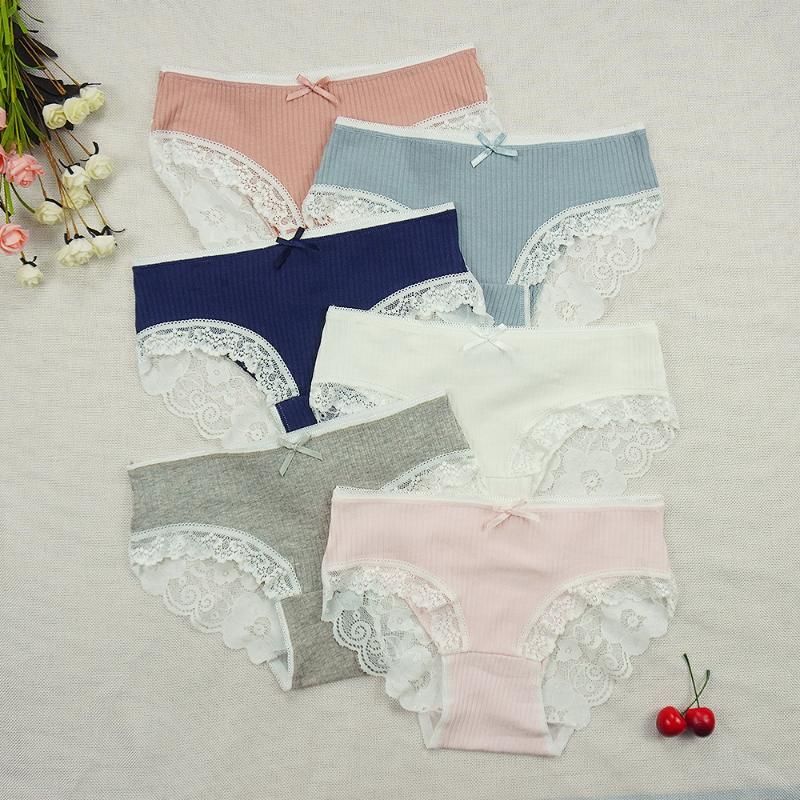 

IXueJie Lingerie Femme Threaded Cotton Panties Pure Color Lace Edge Bowknot Pure Color Cute Underwear Women Solid Briefs, As pic