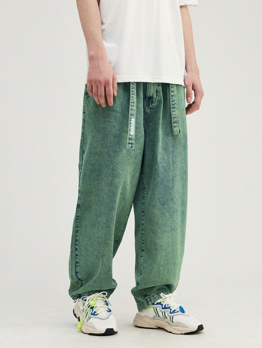 

Men Drawstring Hem Belted Jeans L57v#, Green