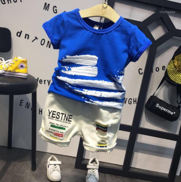 

A16 Children's Wear Summer New Boy Printed Half Sleeve T-shirt Shorts Set 20201, Blue