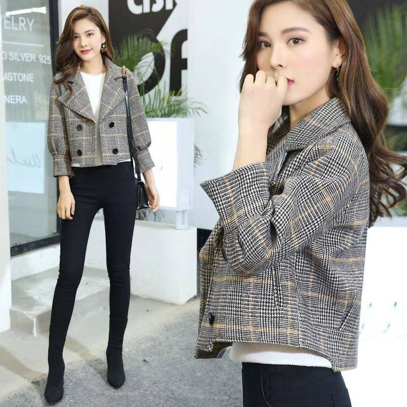 

2021 New Mulher Outono Curto Xadrez De l Houndstooth Jaqueta Fhgx, Blue