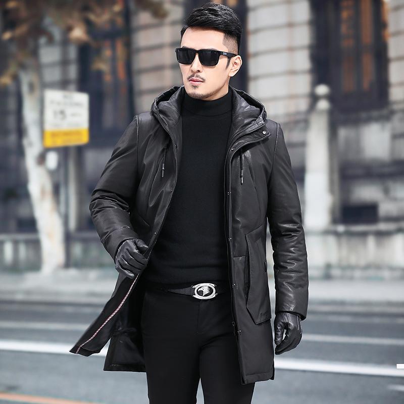 

Leather Jacket Sheepskin Genuine Leather Jacket Men Winter Warm Duck Down Coat Hooded Mens 18077-08 YY698, Black