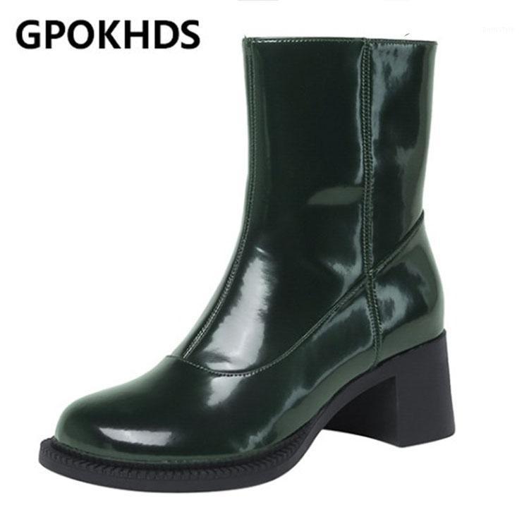 

GPOKHDS 2021 women soft ankle boots Patent Leather zippers boots winter short plush round toe high heels women1, Black