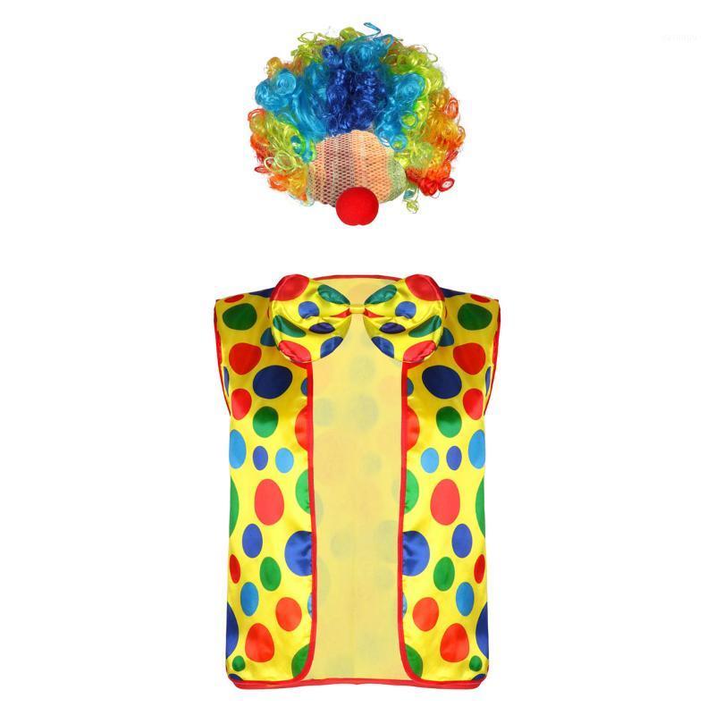 

4Pcs Clown Dress Up Accessories Outfit Red Nose Wig Bow Tie & Vest Set for Halloween Carnivals Cosplay Party Clown Clothes Suit1
