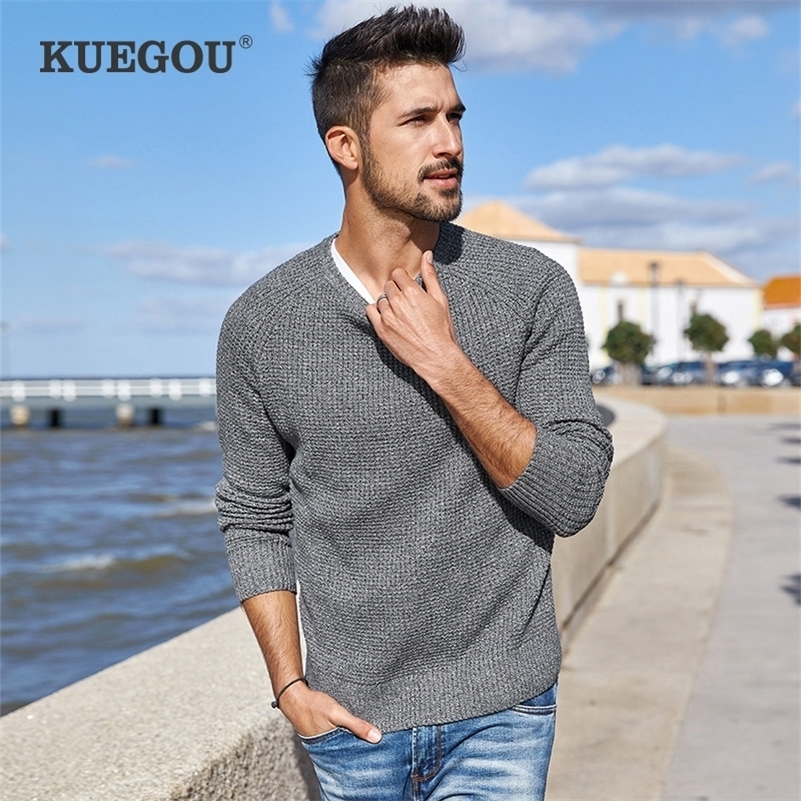 

Kuegou 100% Cotton autumn winter male sweater Fashion round collar knitted sweater slim men tops plus size AZ-14012 201201, Xxxl