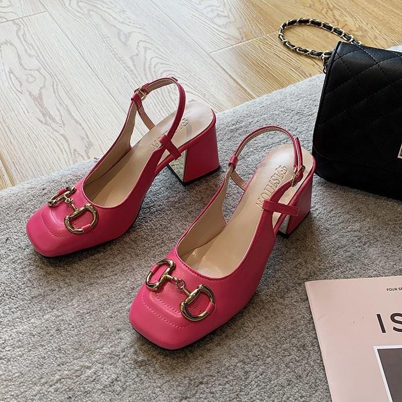 

Sandals Summer Ladies 2022 Flat Shoes Fashion Square Muller High Heels Mary Jane Red Pink Black White Loafers