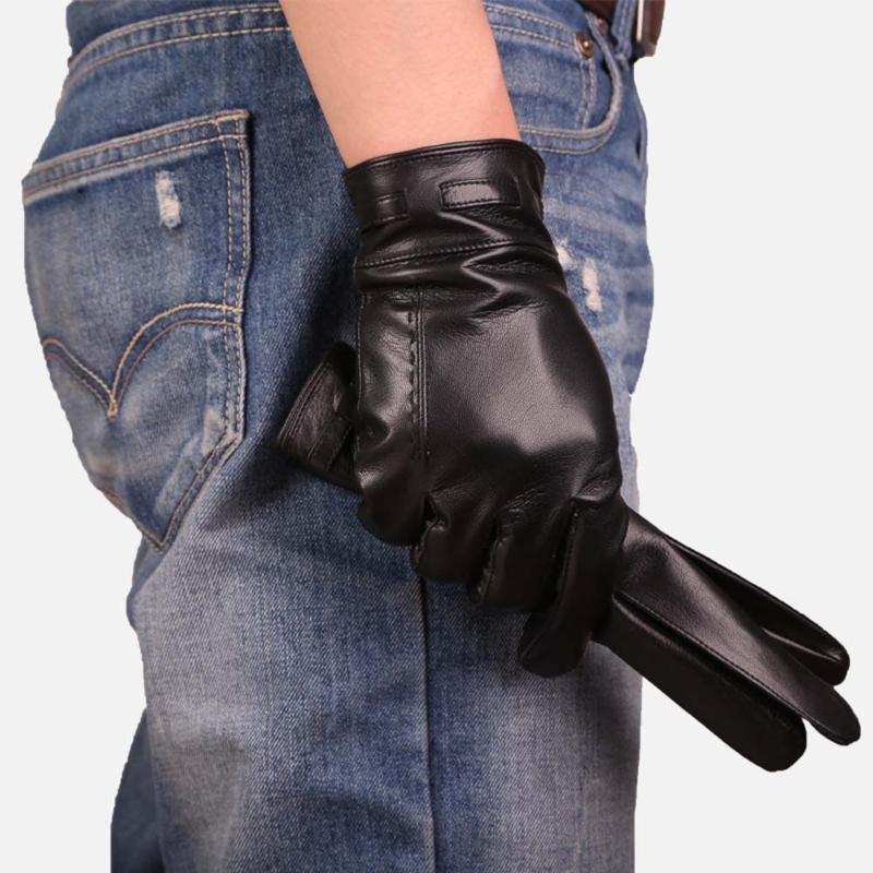 

Fingerless Gloves Autumn Winter Leather Men Black Imported Sheepskin Veet Lining Warm Mitten Fashion Male Hand Slim Driving AGB1601