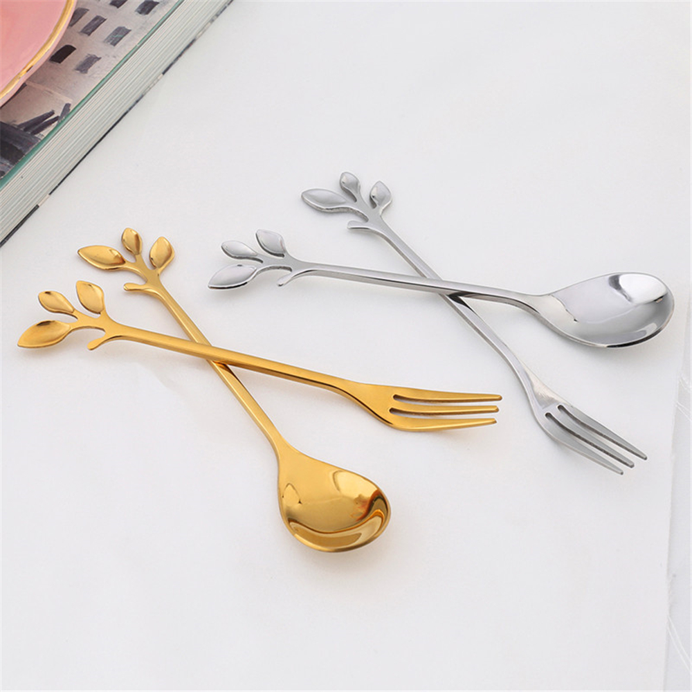 

Gold Coffee Spoon Fork Silver Leaf Retro Dessert Cocktail Picks Small Fruit Fork Demitasse Flatware,4.7 Inches Stainless Steel Tea Spoon Set