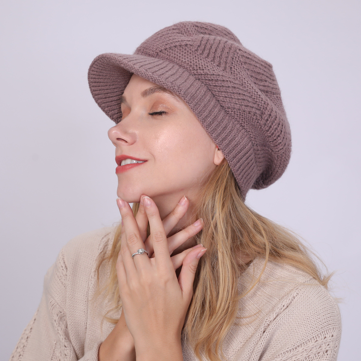 

fleece lined warm hat Solid color knit winter warm skull cap with Brim for women fashion accessories will and sandy gift, Blue;gray