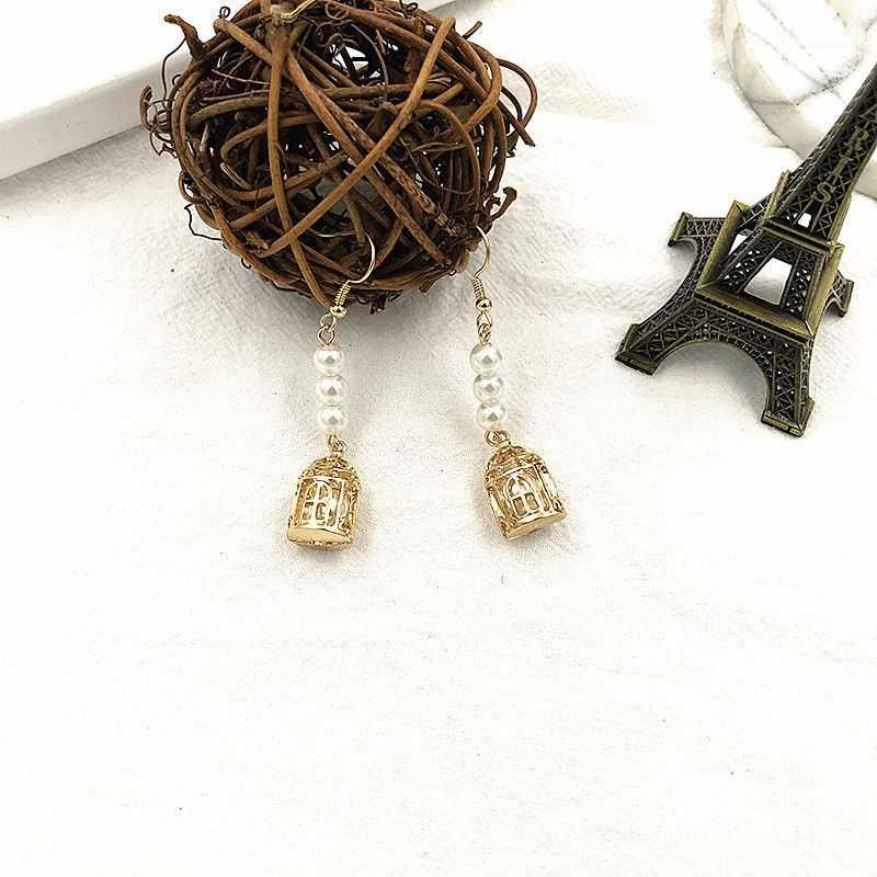 

Stud Korean Fashion Simple Literary Temperament Retro Wild Original Hand-made Pearl Bird Cage Earring Ear20211