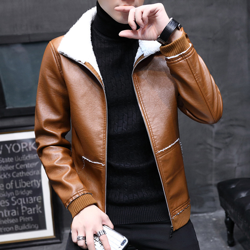

2020 Brand Autumn Winter Men's Jackets Lapels Plush Thickened Overcoat for Male Casual Leather Jacket Clothing, Black