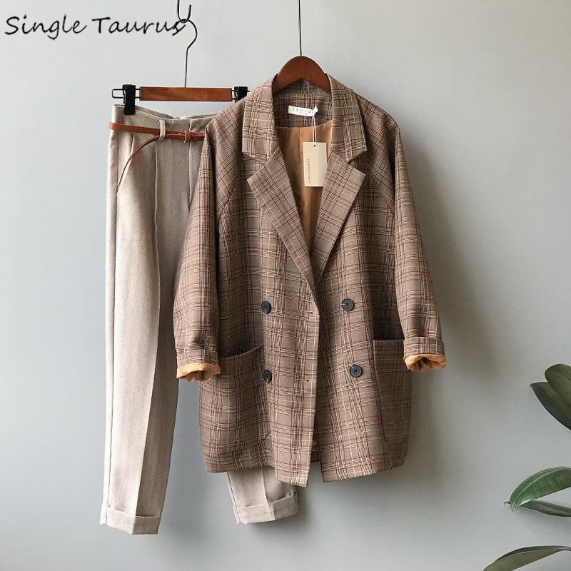 

2020 Fall Autumn Retro Blazers Women Long Sleeve Long Blazer Women Fashion Streetwear Causal Lattice Print Tweed Blazer Mujer, Like photo