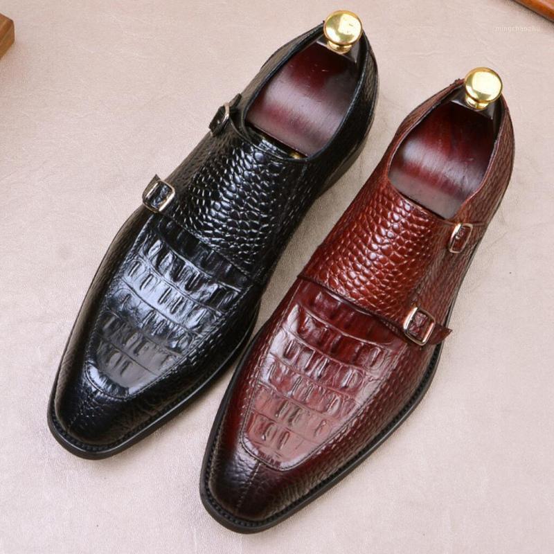 

Italian Designer Man Monk Straps Shoes Genuine Leather Formal Dress Alligator Pattern Pointed Toe Party Welted Men's Flats SS5631, Black