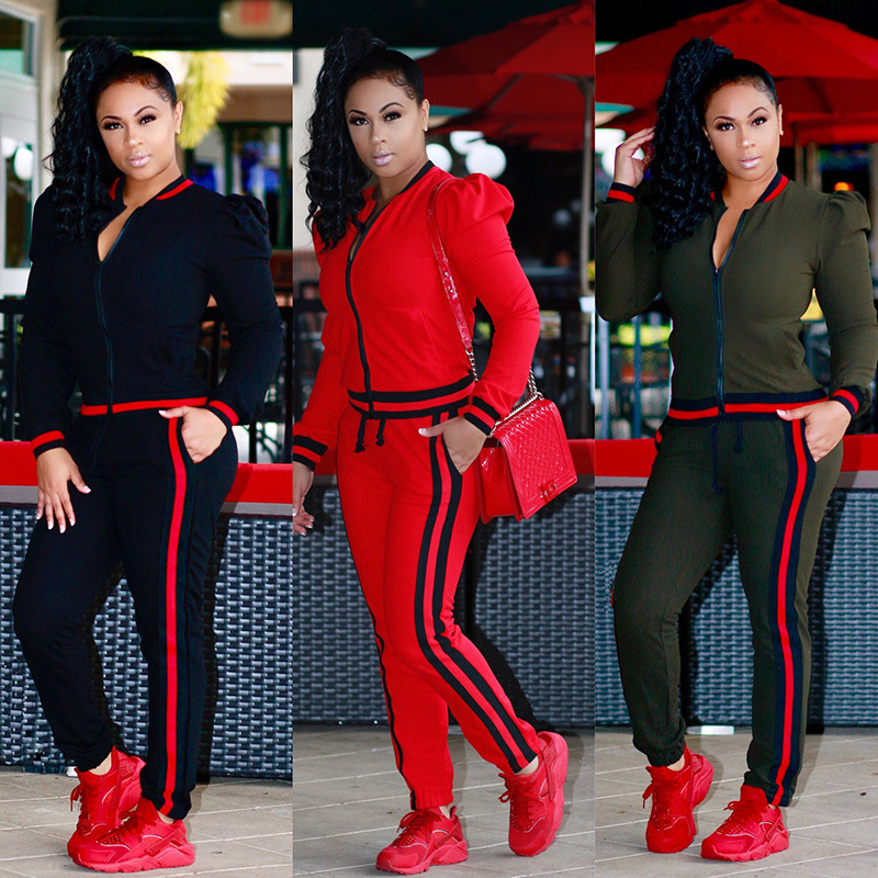 TWO PIECE SET Stripe Jogger Pants Women Sweatsuit Runway Tracksuit 2 Pieces Set Sporting Suit Female Clothing Outfits Plus Size 201119Z