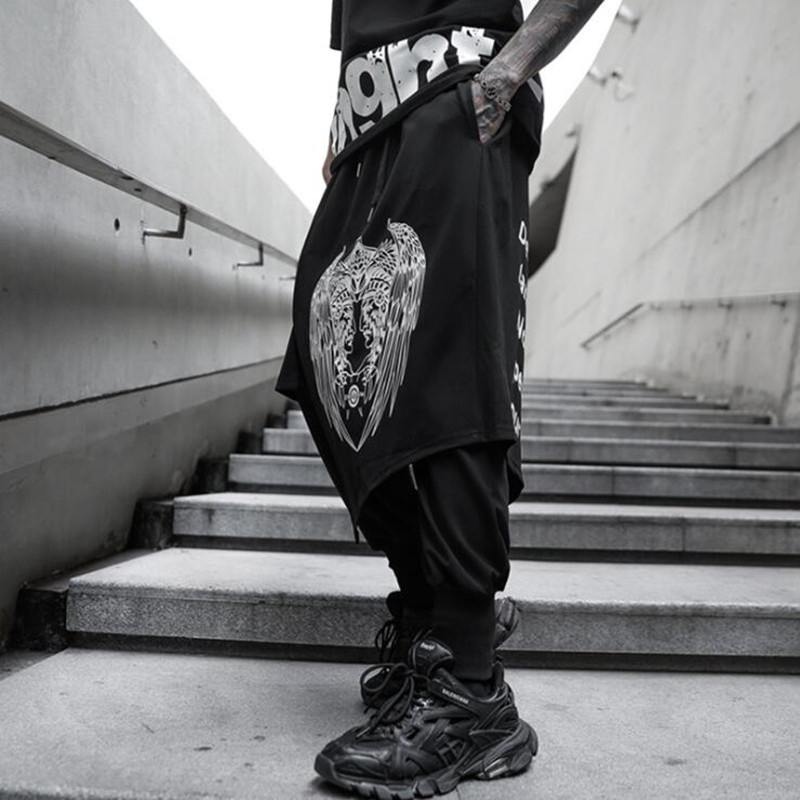 

2021 False Two-part Hip Hop Street Performance Pants Joggers Vintage Goth Man Pantskirt Crotch Drop 117c, Black