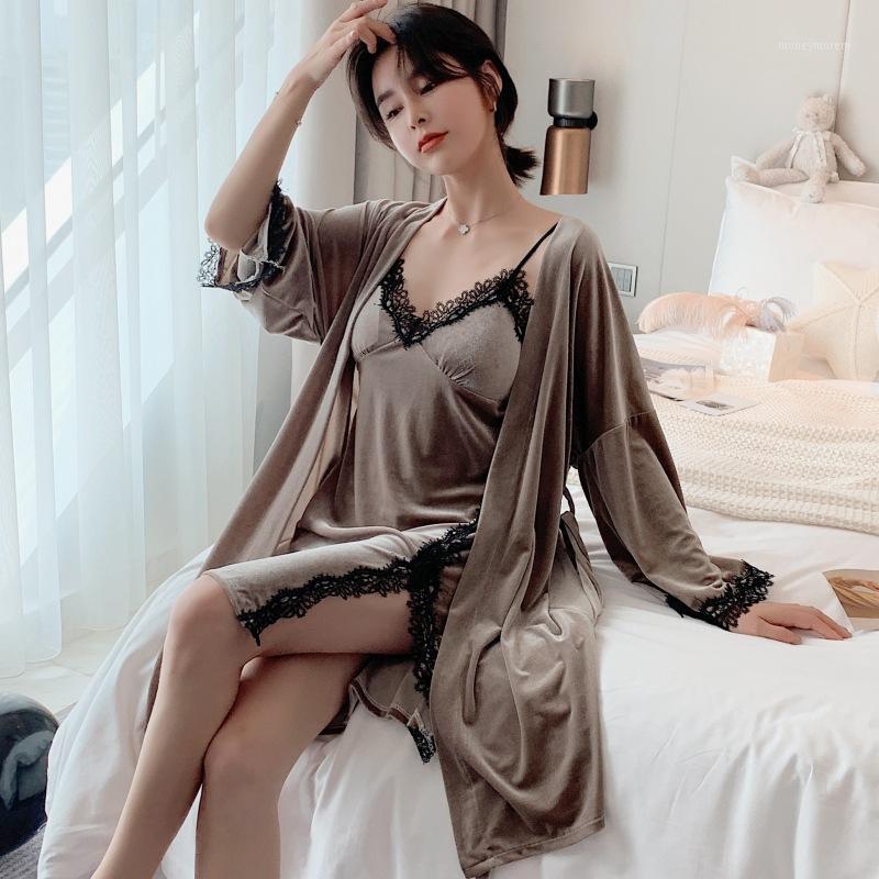 

Winter Autumn Sexy Luxury Princess With Chest Pad Gold Velvet Nightwear Women Sling Nightdress Nightgown Two-Piece Pijama Mujer1, A pink