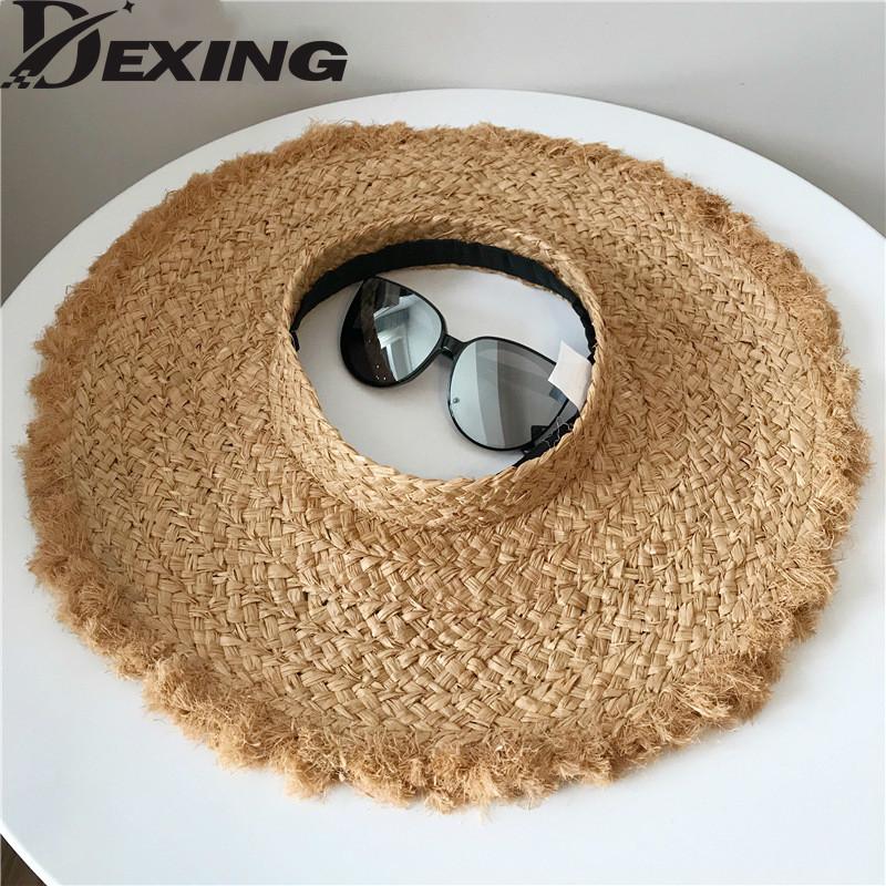 

Raffia Wide Brim Sun Hat for Women Summer Seaside Sunscreen Beach Hat LadiesFoldable Empty Top Straw Female Wedding, Black