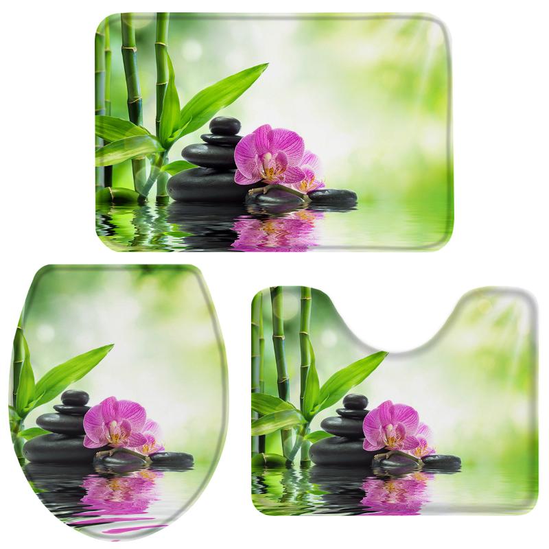 

Bamboo Leaves Stone Flower Water Reflection Bathroom Set Toilet Cover Mat Pedestal Rug Bathroom Accessories Set Home Doormat