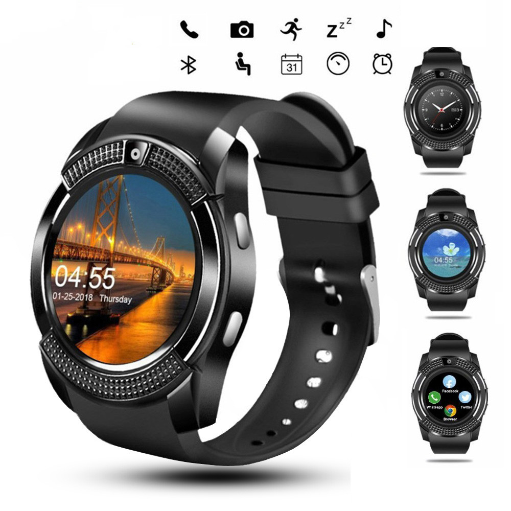 

Sport Men Smart Watch v8 sim card camera rounded Answer Call Dial Smartwatch Heart Rate Fitness Tracker Full Circle Display Android System