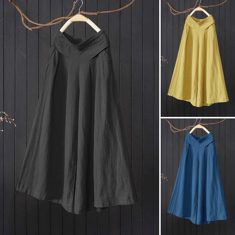

ZANZEA Autumn Female Long Wide Leg Pants Oversized Vintage Pocket Elastic Waist Trousers Women' Casual Solid Pleated Pants 5XL, Black